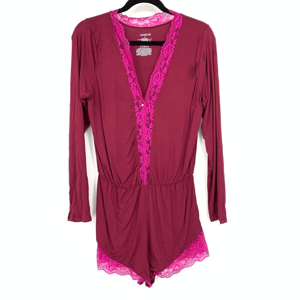 Adore Me Long Sleeve Sleep Romper Womens Size Large Lace Trim Maroon Pink *FLAW